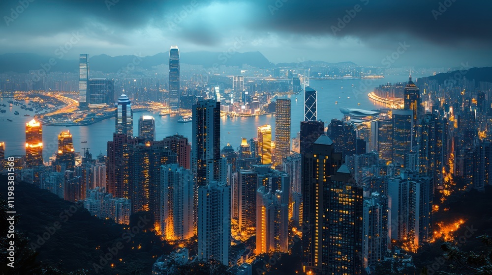 Fototapeta premium atmosphere overlooking southern east Asia. you can see the well lit places of modern busy cities with lights and slow shutter photography