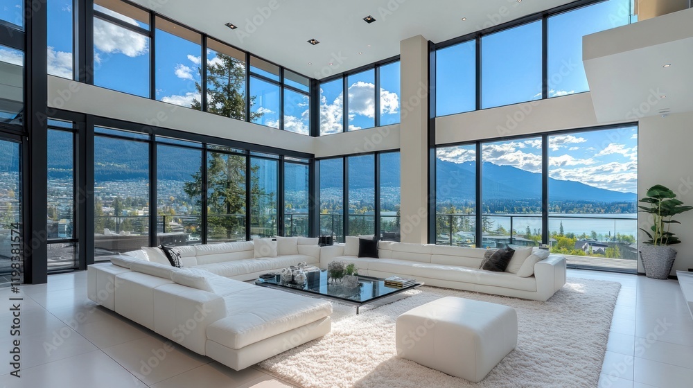 Fototapeta premium Luxury Mountain View Home: Modern Interior with Panoramic Windows