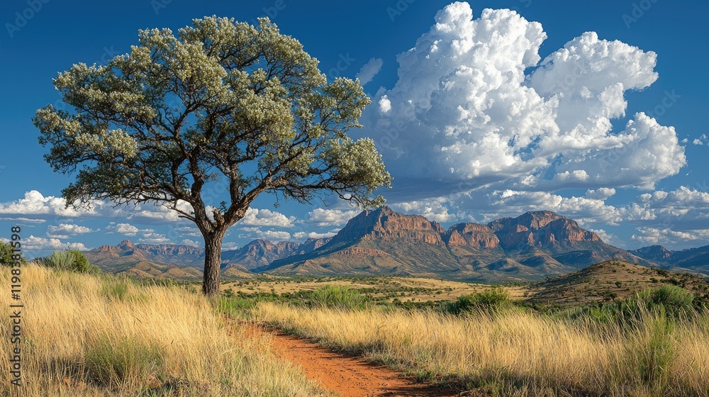 Scenic Mountain Landscape with Solitary Tree and Path Scenic Mountain Landscape with Solitary Tree and Path
