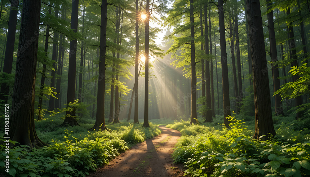 Obraz premium A serene forest scene with soft sunlight filtering through tall trees, a winding path, and vibrant green foliage.