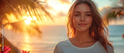 Woman at sunset on beach.