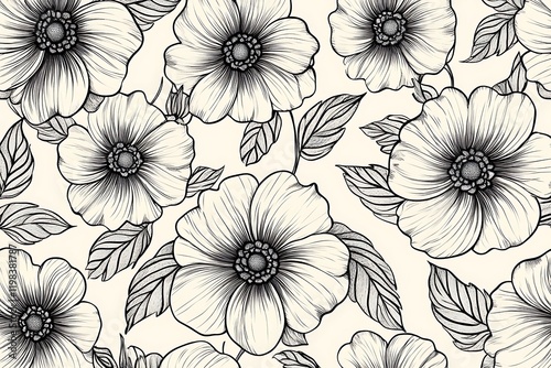 Wallpaper Mural Elegant Monochrome Floral Seamless Pattern: Hand-Drawn Anemone & Leaf Design Torontodigital.ca