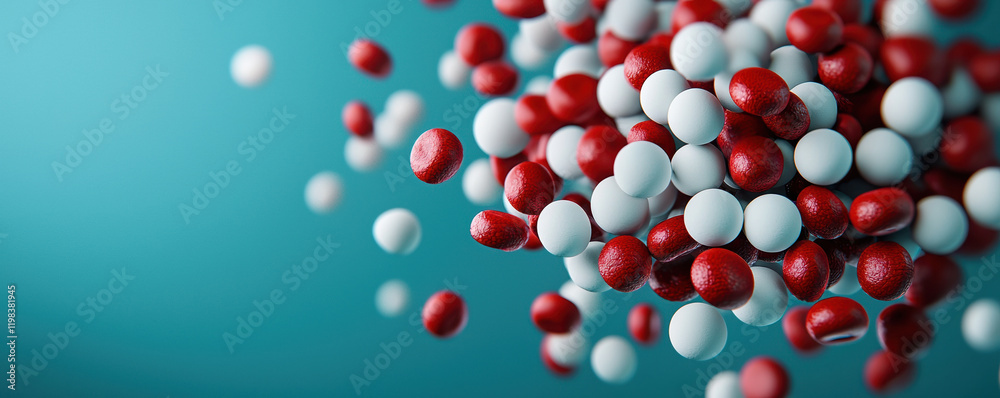 Detailed red and white blood cells floating in blue background, showcasing their structure