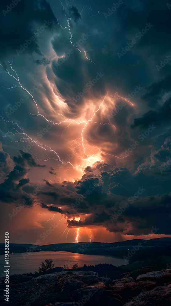 Fototapeta premium Powerful Lightning Strike Illuminating a Dramatic Stormy Landscape