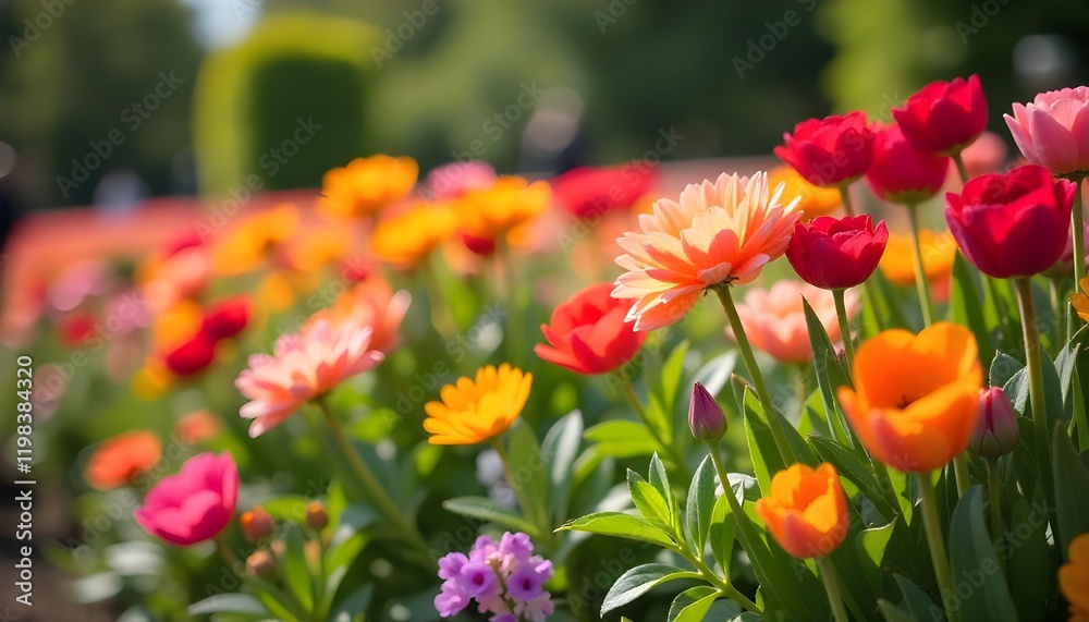 A vibrant display of colorful flowers in full bloom, set in a lush garden. The picturesque scene captures the beauty of nature and the serenity of a blooming landscape A vibrant display of colorful flowers in full bloom, set in a lush garden. The picturesque scene captures the beauty of nature and the serenity of a blooming landscape