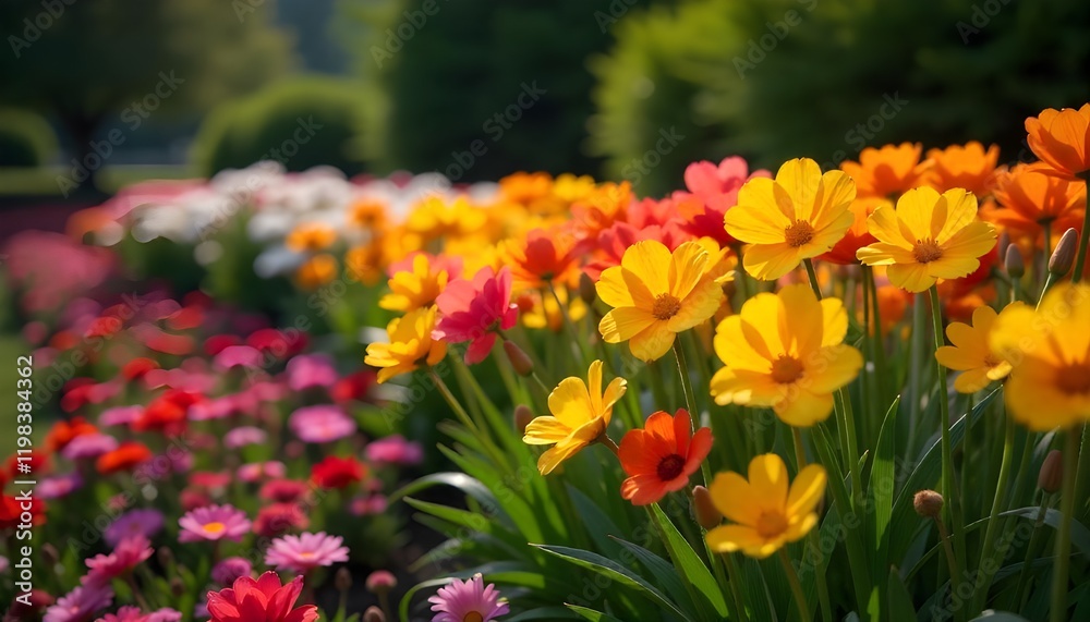 Obraz premium A vibrant display of colorful flowers in full bloom, set in a lush garden. The picturesque scene captures the beauty of nature and the serenity of a blooming landscape