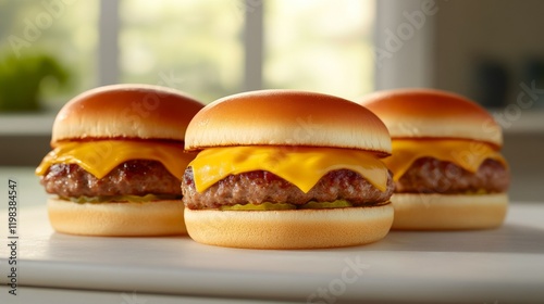 Indulgent cheesetopped burgers gourmet kitchen food modern setting close-up shot high-end cuisine concept photo