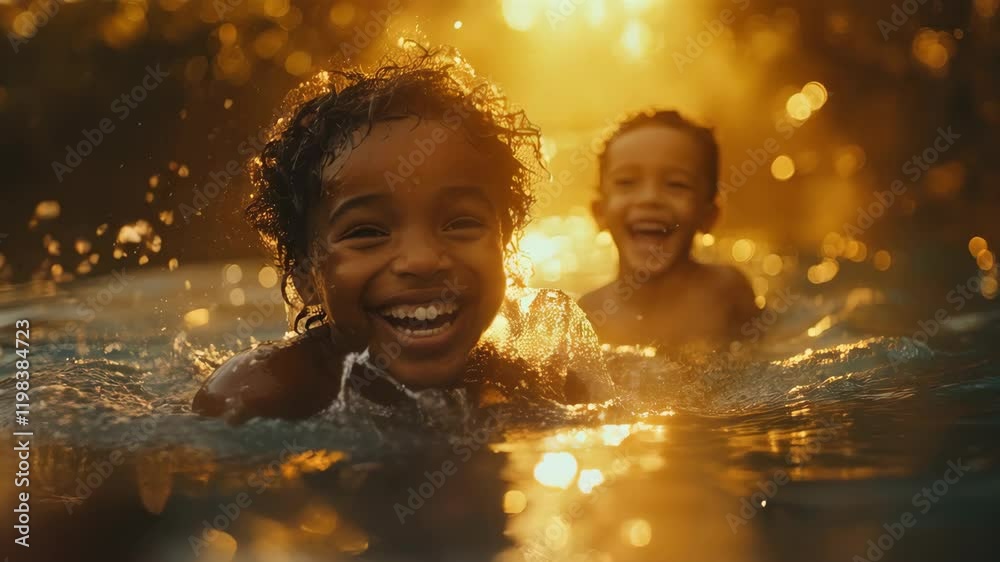 Two smiling children enjoying a swim in golden sunlight, reflecting joy and happiness in a warm environment. Two smiling children enjoying a swim in golden sunlight, reflecting joy and happiness in a warm environment.