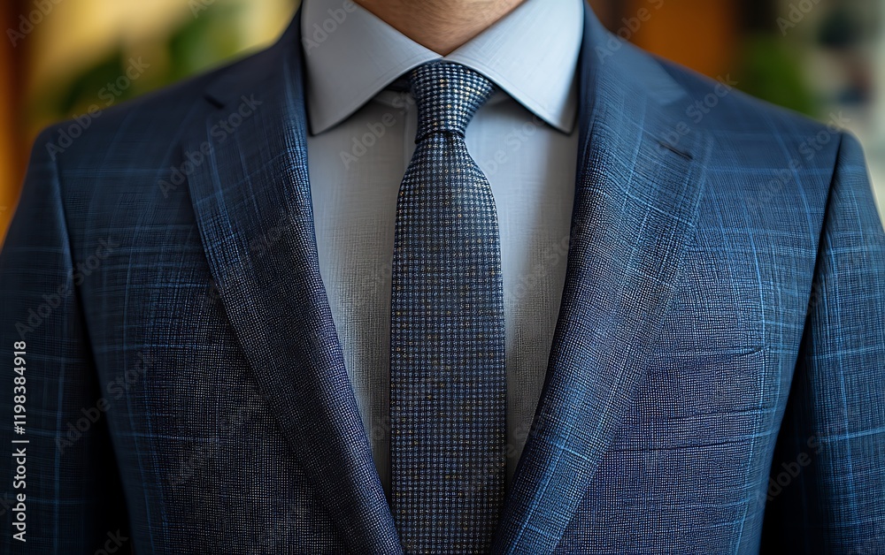 Close-up of a man in a blue checked suit and light blue shirt with a patterned tie. Close-up of a man in a blue checked suit and light blue shirt with a patterned tie.