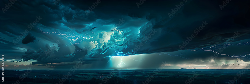 Fototapeta premium Powerful Lightning Strike Illuminating a Dramatic Stormy Landscape