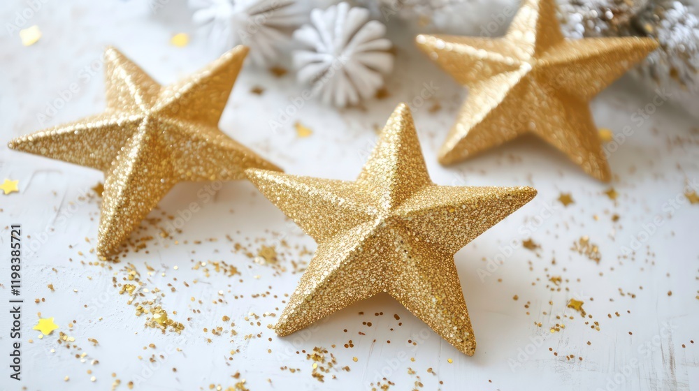 four golden glitter stars are laying on a white surface, providing a festive holiday theme four golden glitter stars are laying on a white surface, providing a festive holiday theme