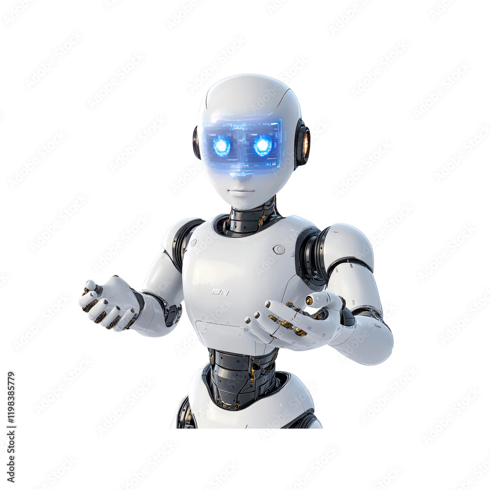 Friendly White Robot with Glowing Blue Eyes Presenting or Welcoming Friendly White Robot with Glowing Blue Eyes Presenting or Welcoming