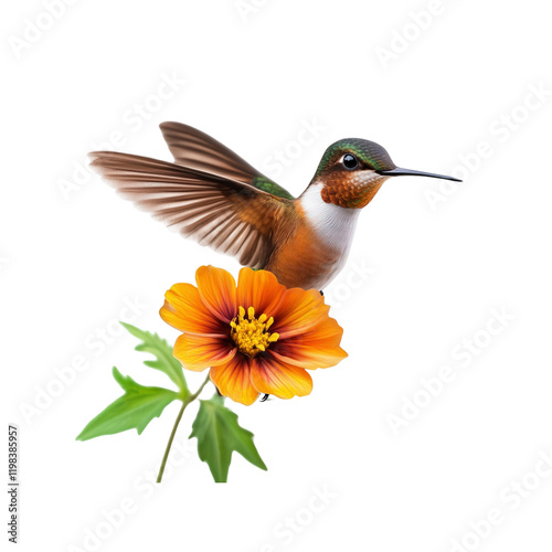 Rufous Hummingbird Hovering over an Orange Flower photo