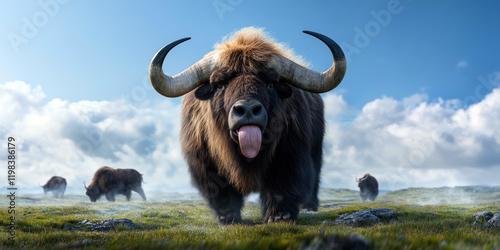 A striking close-up of a yak in a serene, misty landscape.
