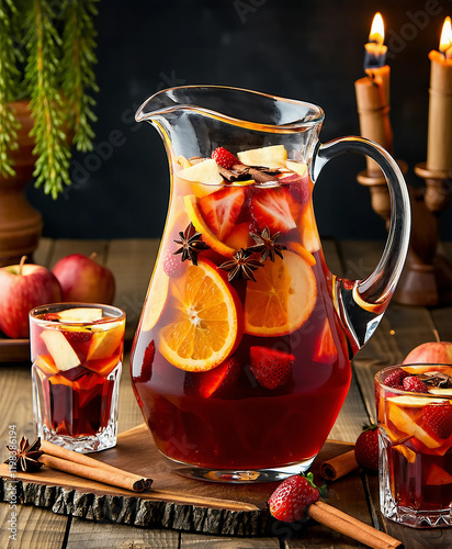 A stylish sangria pitcher filled with vibrant fruits and aromatic spices, set in an elegant tabletop decor. Ideal for festive, culinary, or entertaining-themed image collections.

