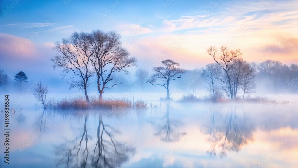 Serene dawn landscape featuring tranquil waters reflecting bare trees shrouded in mist Serene dawn landscape featuring tranquil waters reflecting bare trees shrouded in mist