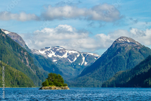 USA, Alaska, Tongass National Forest. Landscape with mountain and island in i...