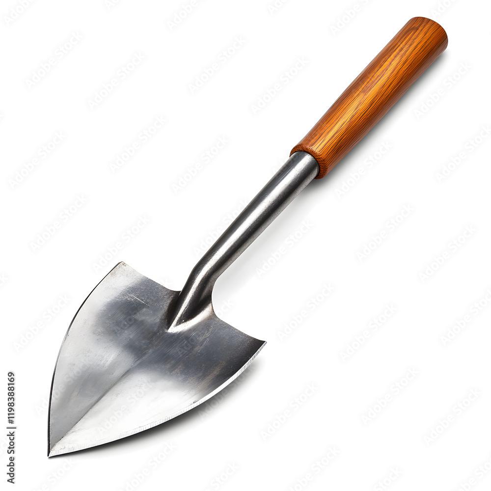 garden shovel with sturdy wooden handle and shiny metal blade, perfect for digging and planting tasks in garden. ergonomic design ensures comfortable use garden shovel with sturdy wooden handle and shiny metal blade, perfect for digging and planting tasks in garden. ergonomic design ensures comfortable use