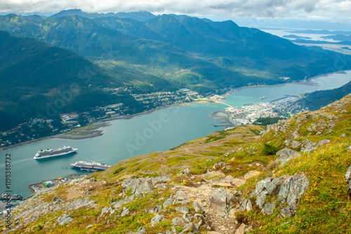 USA, Alaska, Tongass National Forest, Juneau. Overview of cruise ships in Gastineau Channel. photo