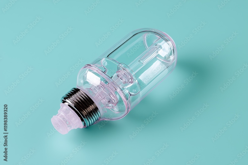 Empty transparent bulb-shaped bottle with silver cap on a blue background Empty transparent bulb-shaped bottle with silver cap on a blue background