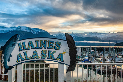 Obraz na płótnie USA, Alaska, Haines. Sign and moored boats in marina. w salonie