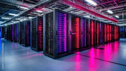 A futuristic data center with rows of servers illuminated by vibrant red and blue lights, showcasing advanced technology in a sleek environment.