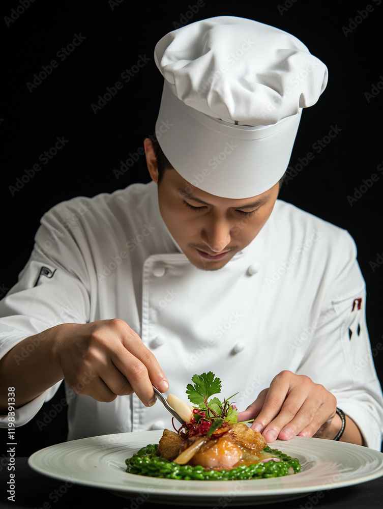 Focused East Asian Chef Preparing Gourmet Dish Focused East Asian Chef Preparing Gourmet Dish