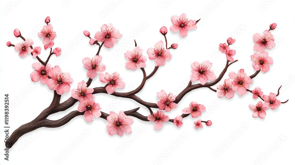 A delicate branch adorned with soft pink cherry blossoms against a clean white background, symbolizing beauty and the arrival of spring. A delicate branch adorned with soft pink cherry blossoms against a clean white background, symbolizing beauty and the arrival of spring.