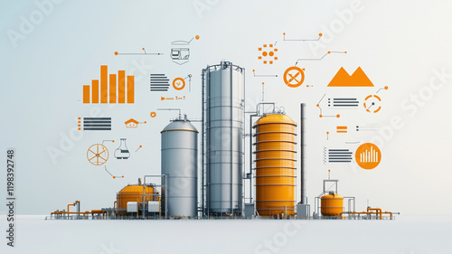 Industrial biomass plant with storage silos and data visualization elements