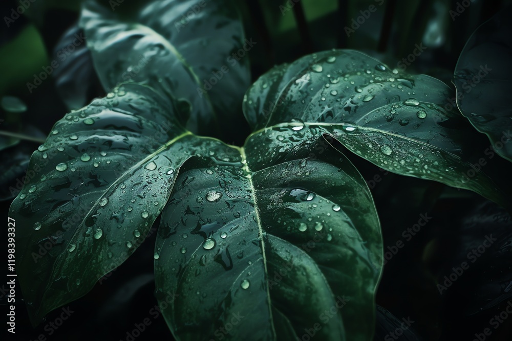 Fototapeta premium Extreme macro of a vibrant green leaf with detailed veins and water droplets. Captured mid-splash with soft—perfect for nature, freshness, and vitality themes.