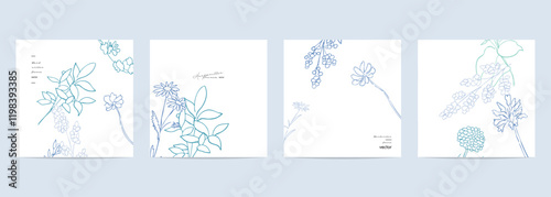 手書きの草木イラスト。線画の植物ベクターイラスト。草木の夏イメージポストカード。Hand drawn plant and tree illustration. Line drawing plant vector illustration. Summer image postcard of plants and trees.