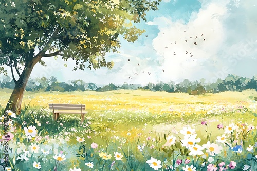Serene Summer Meadow: Solitary Bench, Wildflowers, and Birds in Flight