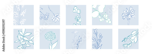 手書きの草木イラスト。線画の植物ベクターイラスト。草木の夏イメージポストカード。Hand drawn plant and tree illustration. Line drawing plant vector illustration. Summer image postcard of plants and trees.