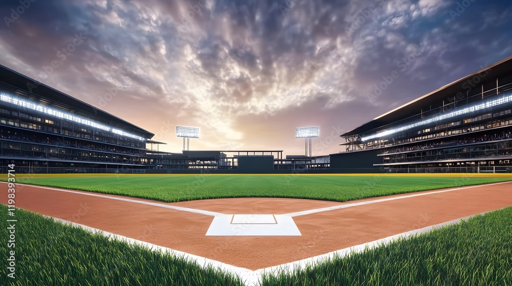 Obraz premium Grand baseball stadium field diamond daylight view, modern public sport building 3D render background