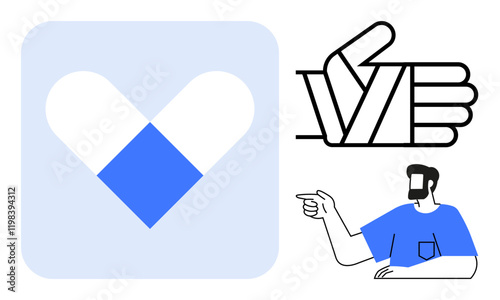 Blue and white geometric heart in square, thumbs-up gesture in line art, cartoon man in blue shirt pointing. Ideal for teamwork, approval, health, directions, communication, positivity and user