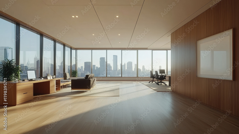 Modern office workspace with city skyline view and natural light Modern office workspace with city skyline view and natural light