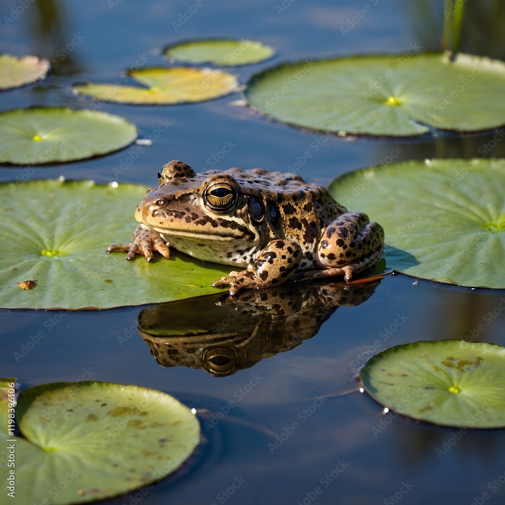 Serene Sunlit Marsh Scene with a Gopher Frog on a Lily Pad