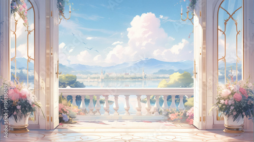 window background with natural scenery and cartoon landscape