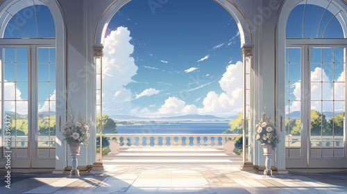 window background with natural scenery and cartoon landscape