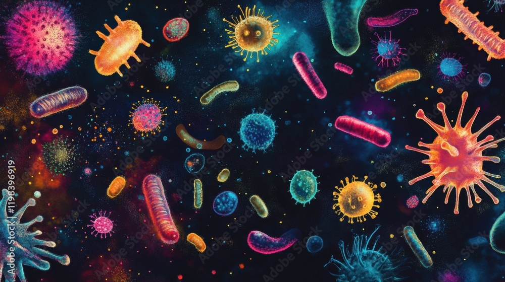 Naklejka premium Vibrant array of bacteria and microbes in a colorful representation highlighting diversity of microscopic life. Generative AI