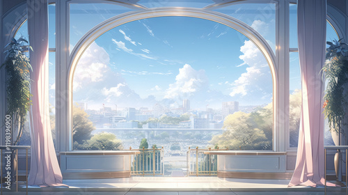 window background with natural scenery and cartoon landscape