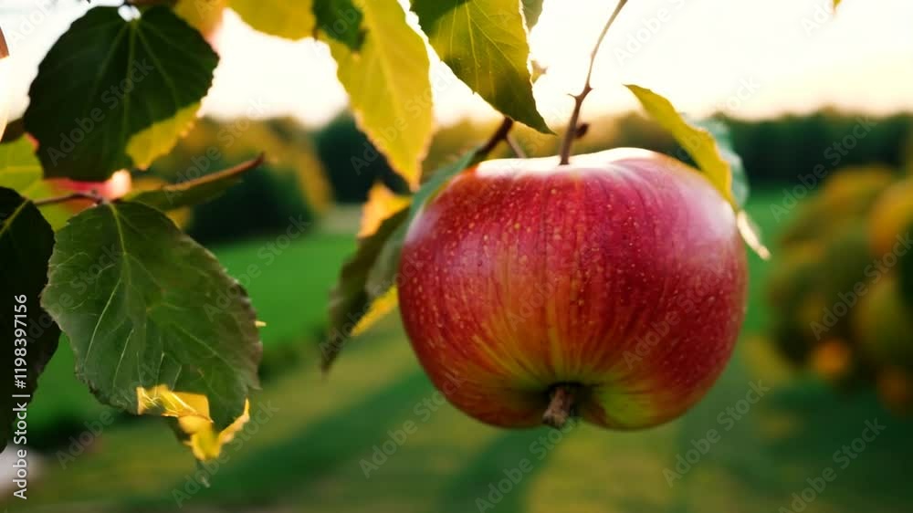A close-up of a ripe apple hanging from a tree with sunlight shining through. A close-up of a ripe apple hanging from a tree with sunlight shining through.