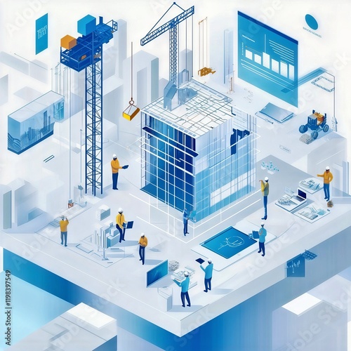 Constructing the Future: An isometric illustration showcases a team of construction workers using modern technology to build a futuristic skyscraper.  The image symbolizes innovation, collaboration.