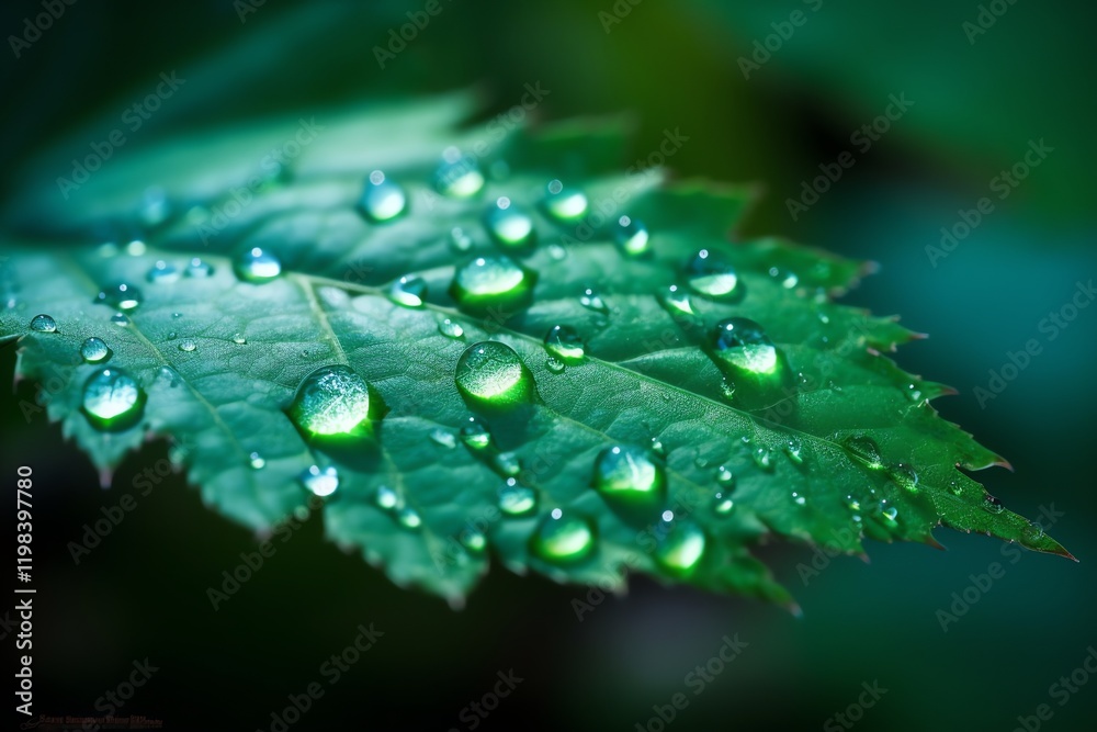 Extreme macro of a vibrant green leaf with detailed veins and water droplets. Captured mid-splash with soft—perfect for nature, freshness, and vitality themes.