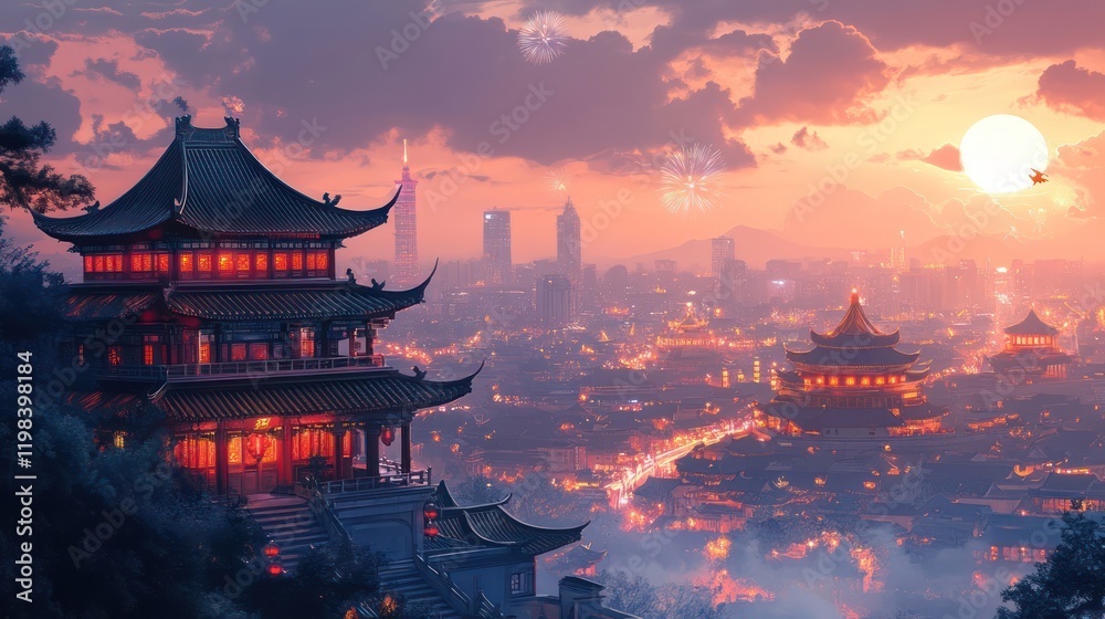 Fototapeta premium Illustration classical Chinese architecture, with city buildings in the distance, at night, In the distance are modern city lights. The festive atmosphere of the Spring Festival