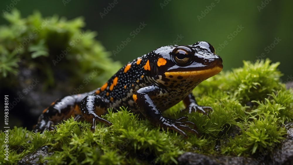 Obraz premium Black-Spotted Newt Close-Up on Mossy Rock