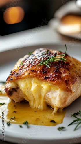 Gourmet cheesestuffed chicken delight elegant dining room food upscale restaurant close-up view culinary art photo