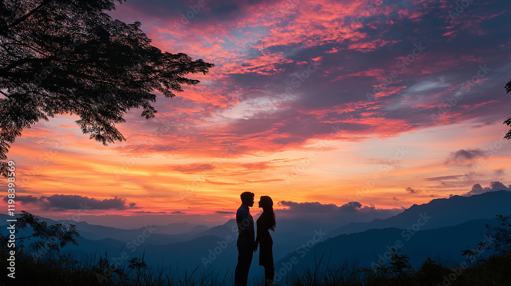 Obraz premium Silhouette of Wedding Couple in Love Kissing and Holding Hands During Sunset with Romantic Evening Sky Background