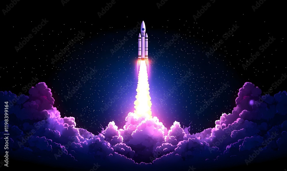 Fototapeta premium Futuristic Rocket Launch, a vibrant digital artwork capturing the intensity of a rocket's ascent against a dynamic cosmic backdrop