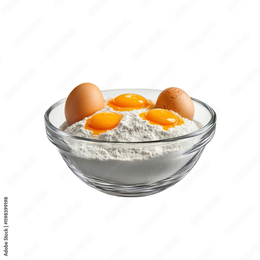 Fresh Eggs and Flour in Glass Bowl - Baking Ingredients Fresh Eggs and Flour in Glass Bowl - Baking Ingredients